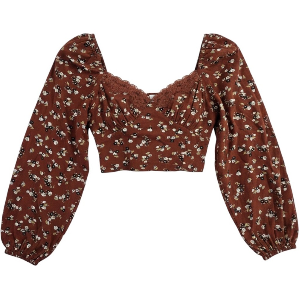 BP Rust Floral Lace Trim Smocked Crop Top Long Balloon Sleeve Boho Blouse EUC XS